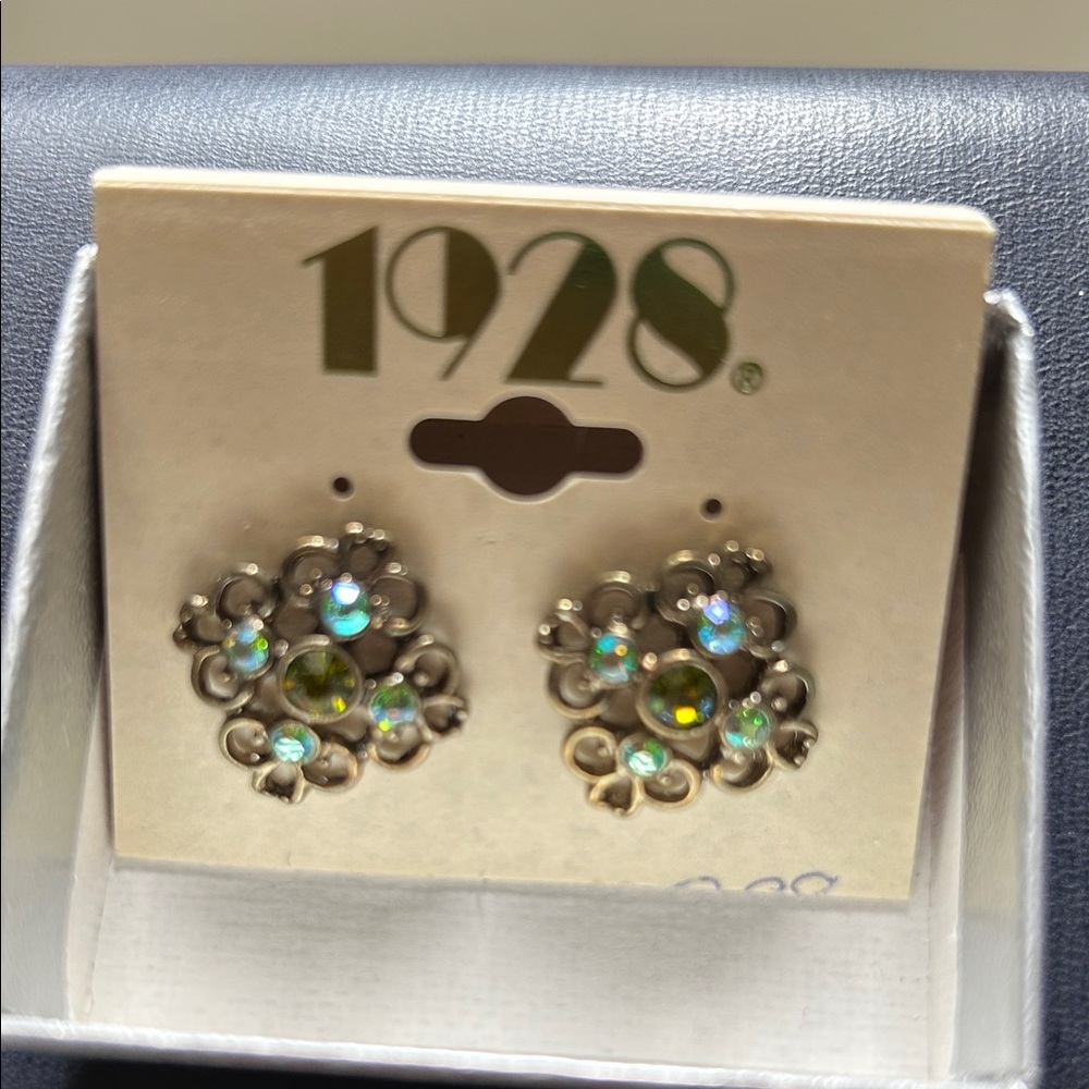 1928 Gold Earrings with Iridescent Green Accents